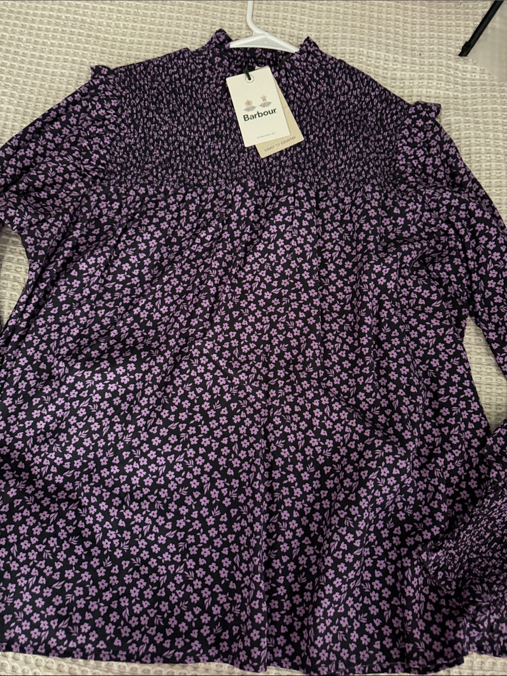 Barbour Black & Purple Floral Smocked Yoke Blouse NWT Size 12